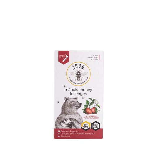 1839 Mānuka Honey & Propolis Lozenges, Strawberry, 12 pack — front of pack